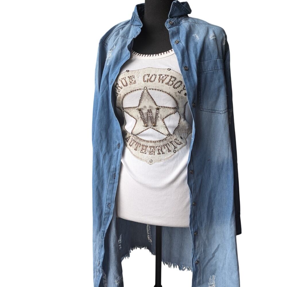 VOCAL Western Rhinestone Graphic Ribbed Tank Size Large Distressed 100% Cotton - Picture 9 of 9